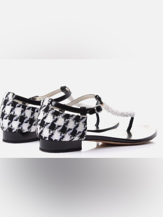 CHANEL Shoes - Chanel Beaded T-Strap Sandals Size 39.5C Black White Tweed Patent